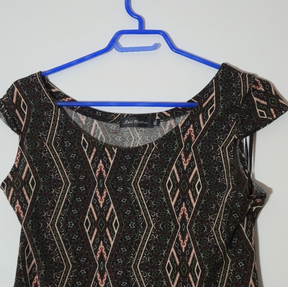Joli Clothes XL Black Brown Geometric Tribal Knit Cap Sleeve Mini Shift Dress - Picture 3 of 13